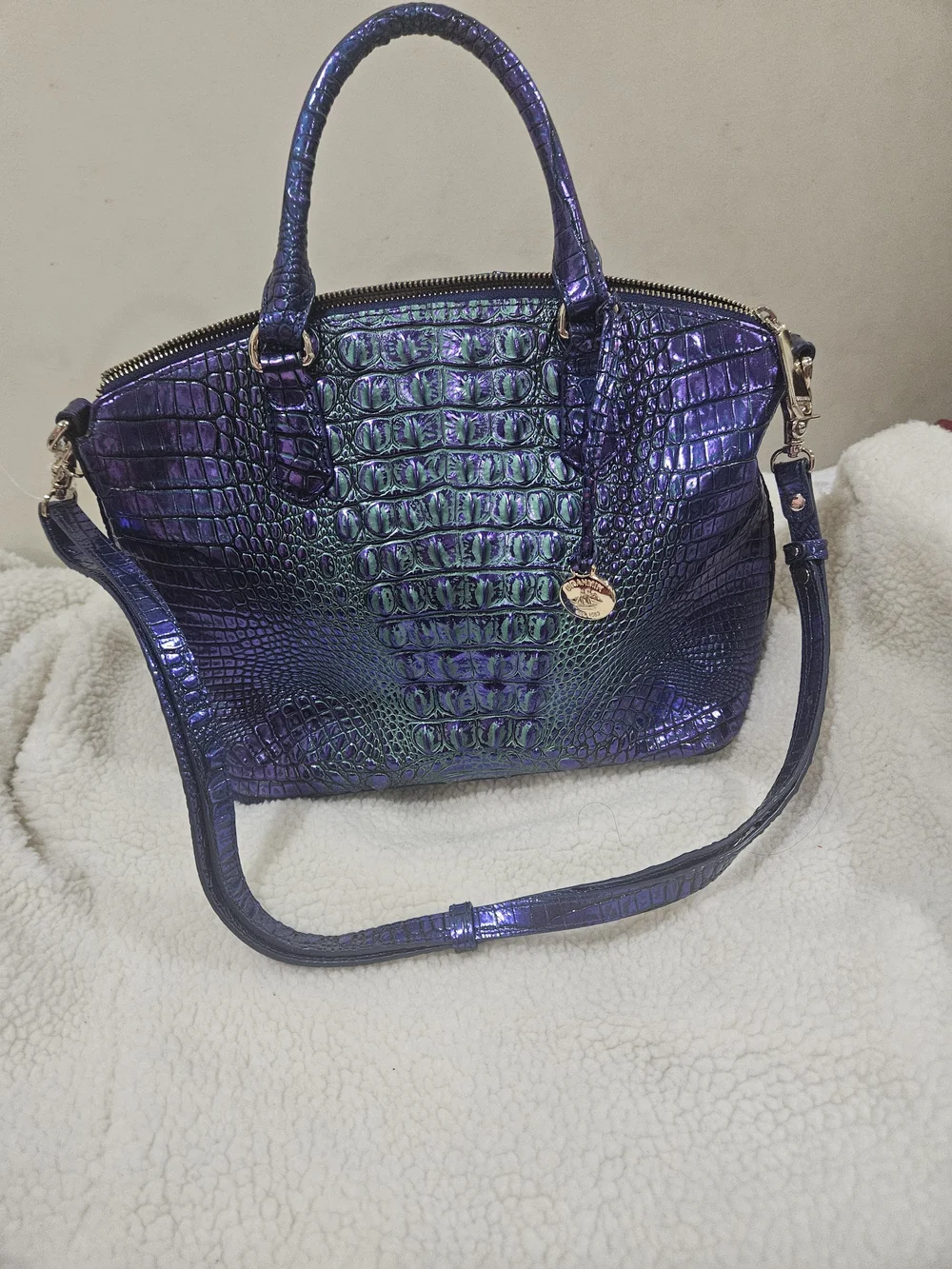 Brahmin Iridescent Croc-Embossed Satchel Handbag - Purple/Green